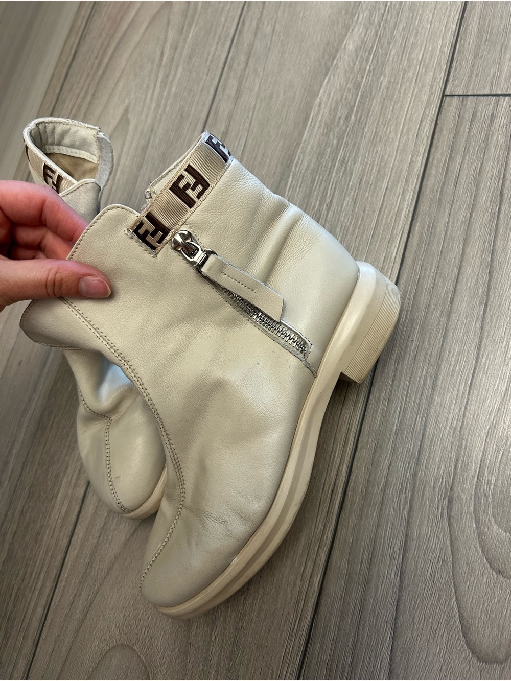 Cream Leather Ankle Booties with Signature-Trim Cuff